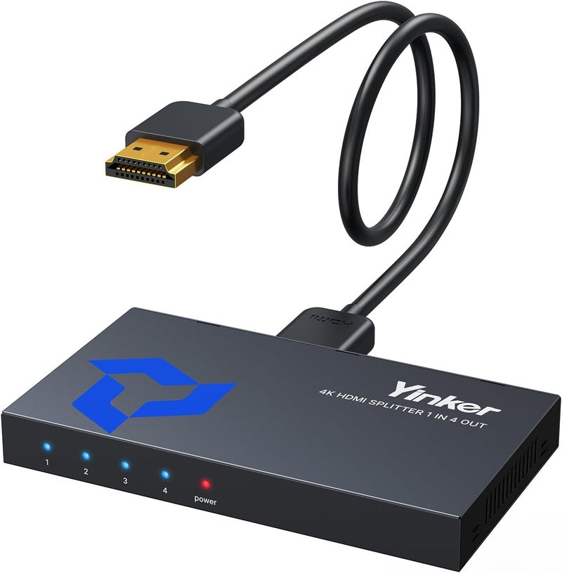 Yinker 4K HDMI Splitter 1 in 4 Out w/5 Ft Cable, 4 Port Powered HDMI Splitter 1x4 Simultaneously 4 Screens 4K30Hz Distributor 4 Way for Xbox360 PS4 PS3 Roku HDCP1.4 EDID HDR - Image 1